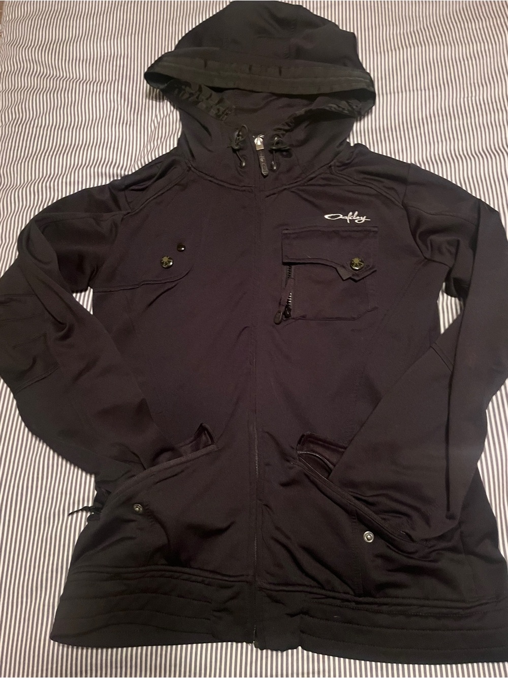 Oakley Black Hooded Bomber Jacket with Chest Pocket and Logo Accent